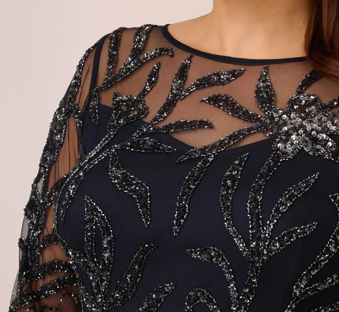 Long Dresses Womens Adrianna Papell Plus Size Floral Beaded Dress With Sheer Long Sleeves In Midnight