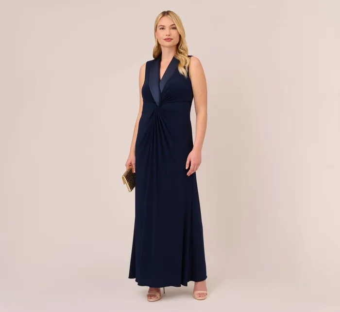 Long Dresses Womens Adrianna Papell Plus Size Matte Jersey Twist Front Tuxedo Long Gown In Midnight
