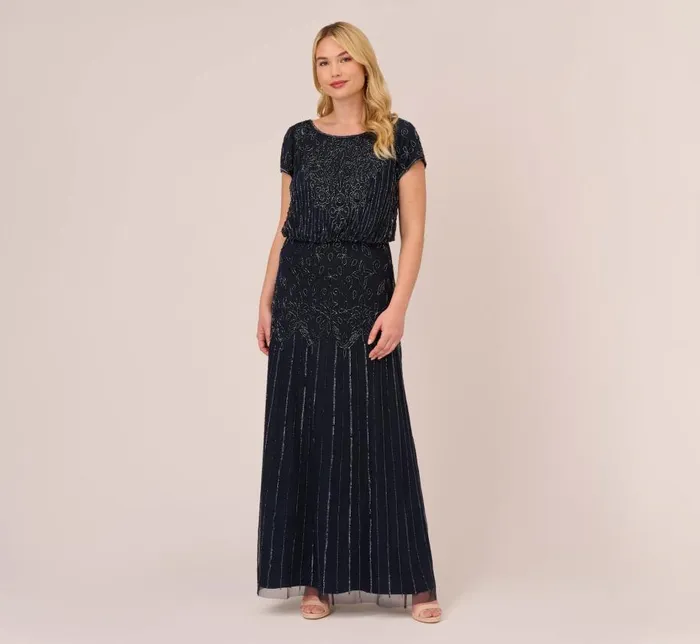 Long Dresses Womens Adrianna Papell Plus Size Short Sleeve Blouson Beaded Gown In Navy