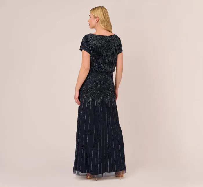 Long Dresses Womens Adrianna Papell Plus Size Short Sleeve Blouson Beaded Gown In Navy