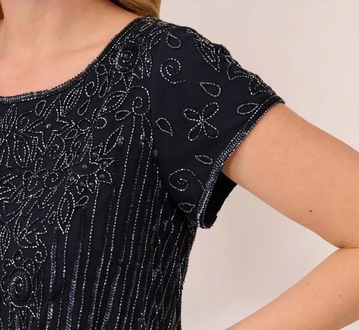 Long Dresses Womens Adrianna Papell Plus Size Short Sleeve Blouson Beaded Gown In Navy