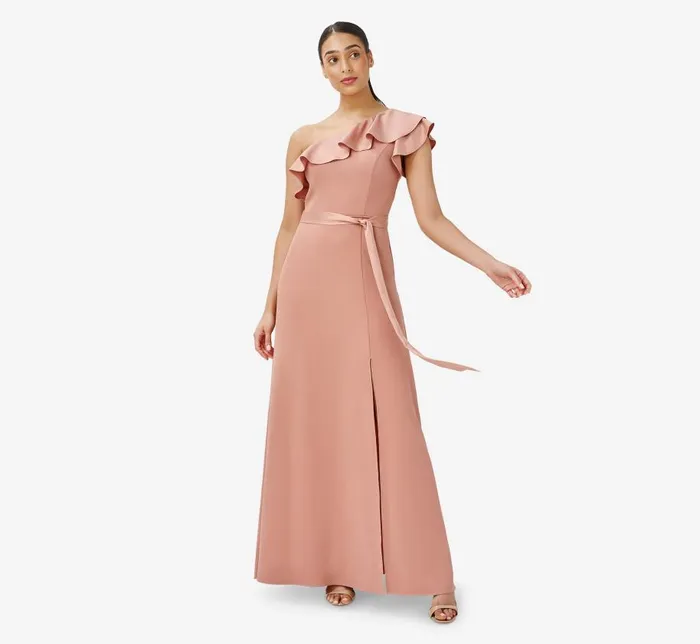 Long Dresses Womens Adrianna Papell Satin Crepe OneShoulder Ruffled Long Gown In Toffee Long Dresses Womens Adrianna Papell Satin Crepe OneShoulder Ruffled Long Gown In Toffee
