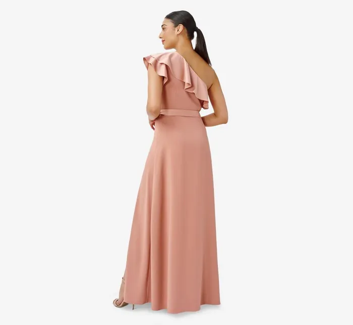 Long Dresses Womens Adrianna Papell Satin Crepe OneShoulder Ruffled Long Gown In Toffee