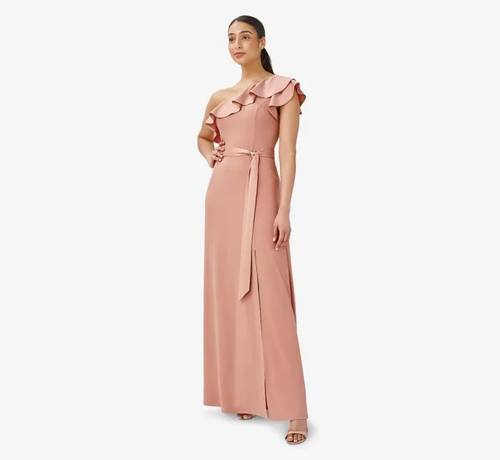 Long Dresses Womens Adrianna Papell Satin Crepe OneShoulder Ruffled Long Gown In Toffee