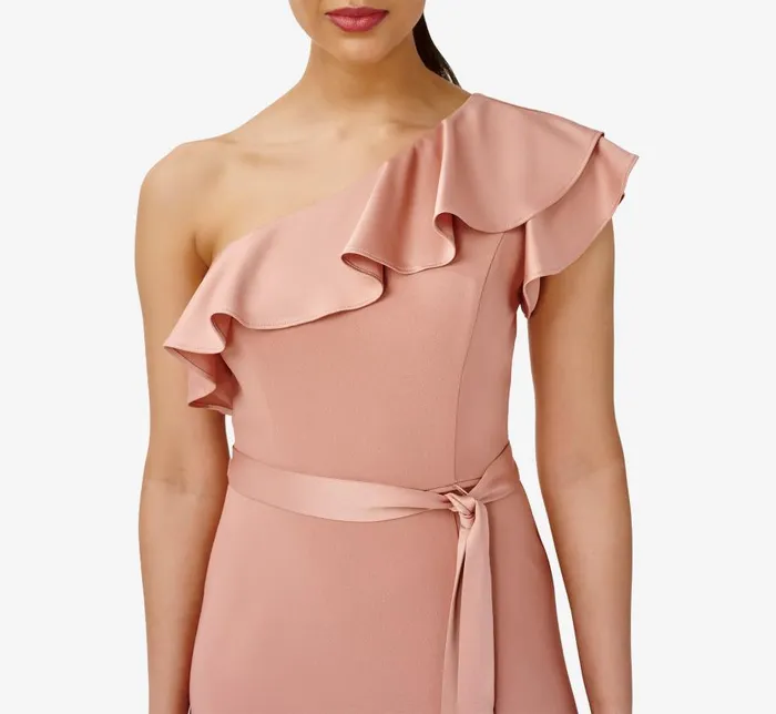 Long Dresses Womens Adrianna Papell Satin Crepe OneShoulder Ruffled Long Gown In Toffee