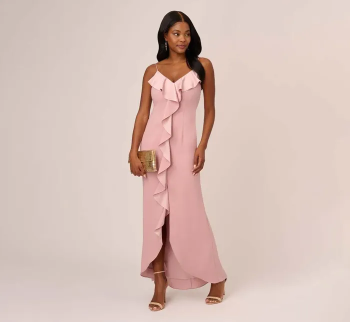 Long Dresses Womens Adrianna Papell Satin Crepe Ruffle Front Long Gown In Steel Rose Long Dresses Womens Adrianna Papell Satin Crepe Ruffle Front Long Gown In Steel Rose