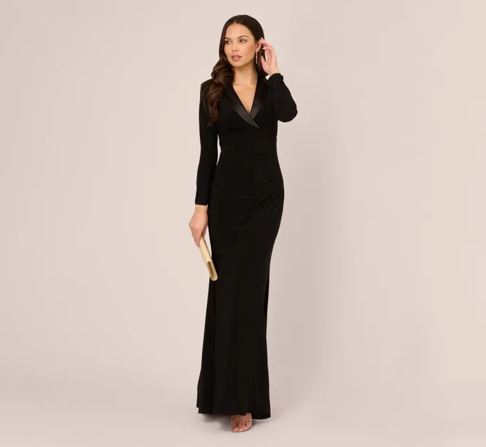 Long Dresses Womens Adrianna Papell Tuxedo Mermaid Gown With Long Sleeves In Black