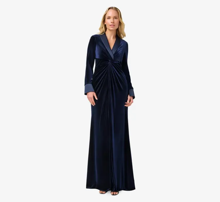 Long Dresses Womens Adrianna Papell Velvet And Charmeuse Twist Front Long Tuxedo Gown In Midnight