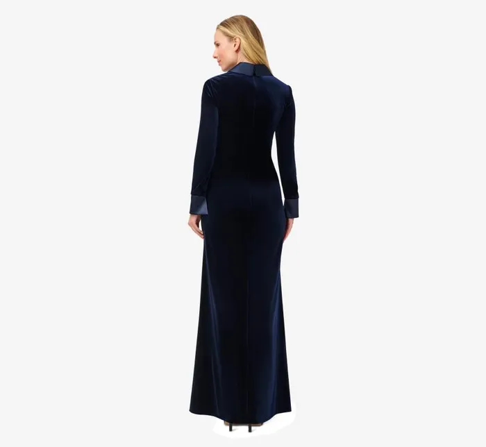 Long Dresses Womens Adrianna Papell Velvet And Charmeuse Twist Front Long Tuxedo Gown In Midnight