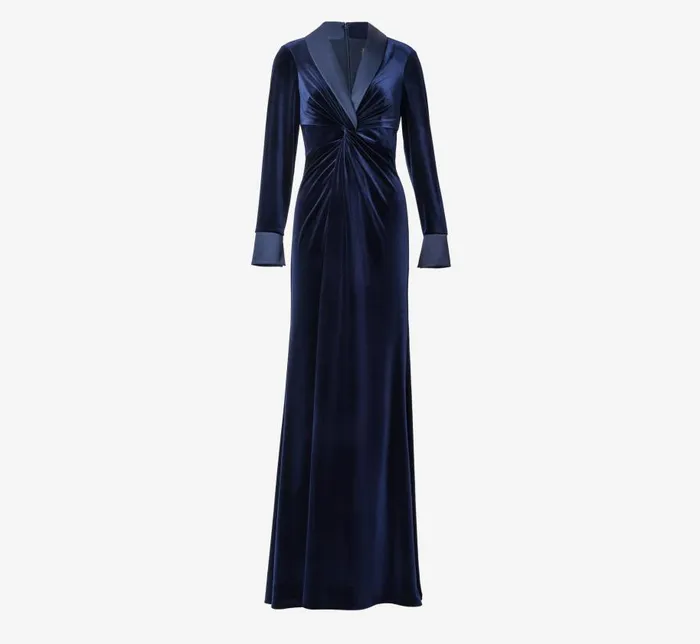 Long Dresses Womens Adrianna Papell Velvet And Charmeuse Twist Front Long Tuxedo Gown In Midnight