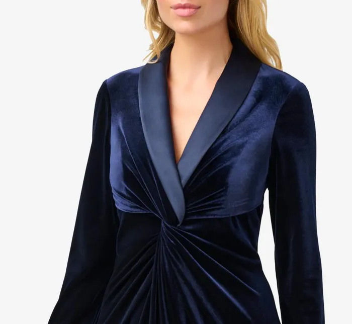 Long Dresses Womens Adrianna Papell Velvet And Charmeuse Twist Front Long Tuxedo Gown In Midnight