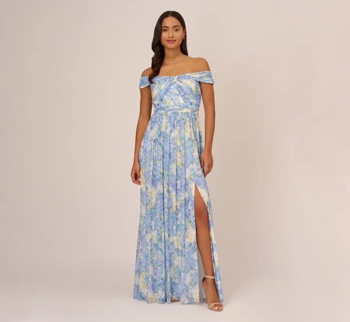 Long Dresses Womens Adrianna Papell Watercolor Floral Print Gown With Off The Shoulder Neckline In Blue Multi Long Dresses Womens Adrianna Papell Watercolor Floral Print Gown With Off The Shoulder Neckline In Blue Multi
