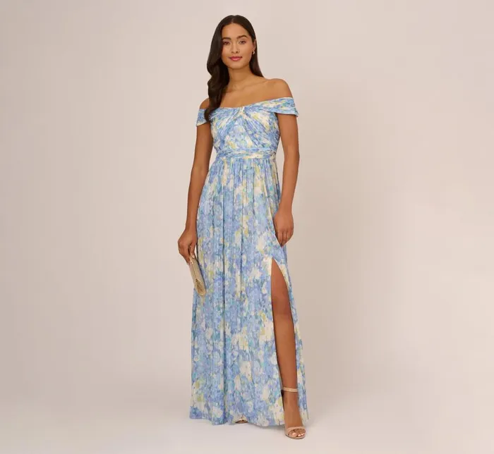 Long Dresses Womens Adrianna Papell Watercolor Floral Print Gown With Off The Shoulder Neckline In Blue Multi