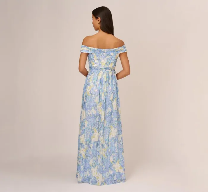 Long Dresses Womens Adrianna Papell Watercolor Floral Print Gown With Off The Shoulder Neckline In Blue Multi