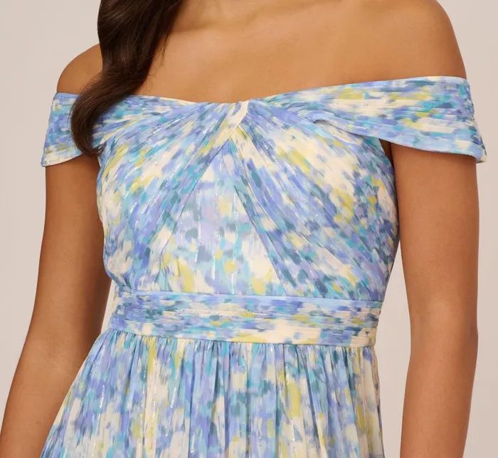 Long Dresses Womens Adrianna Papell Watercolor Floral Print Gown With Off The Shoulder Neckline In Blue Multi