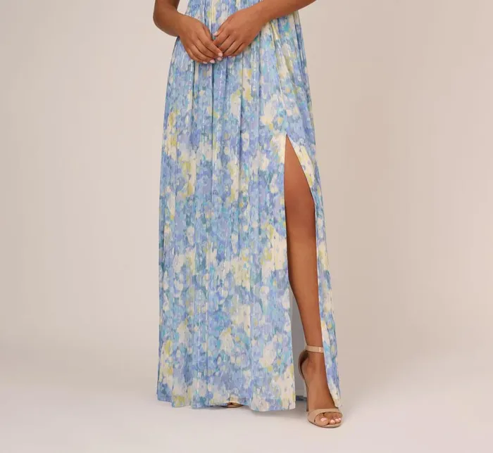 Long Dresses Womens Adrianna Papell Watercolor Floral Print Gown With Off The Shoulder Neckline In Blue Multi