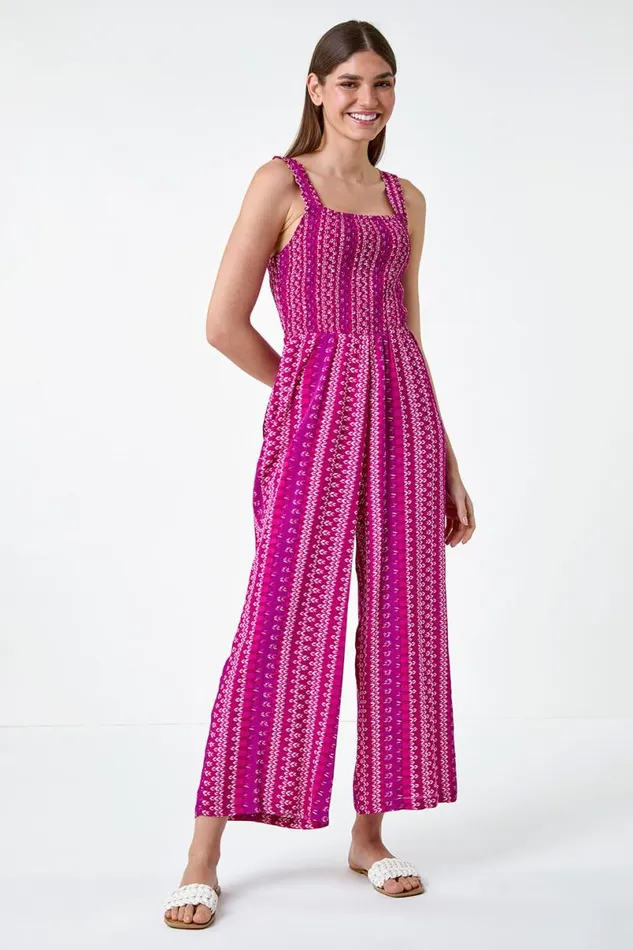 Magenta Abstract Stripe Wide Leg Stretch Jumpsuit Women Roman Dresses