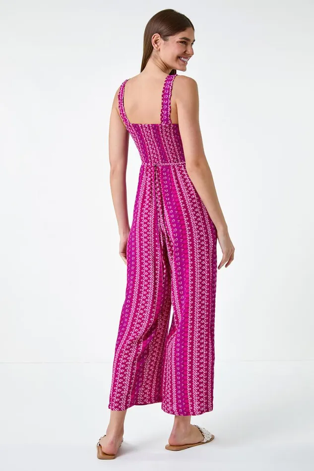 Magenta Abstract Stripe Wide Leg Stretch Jumpsuit Women Roman Dresses