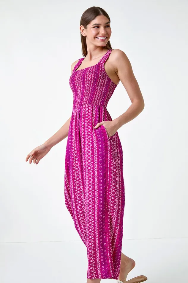 Magenta Abstract Stripe Wide Leg Stretch Jumpsuit Women Roman Dresses