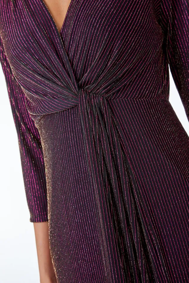 Magenta Shimmer Stripe Twist Front Ruched Dress Women Roman Dresses