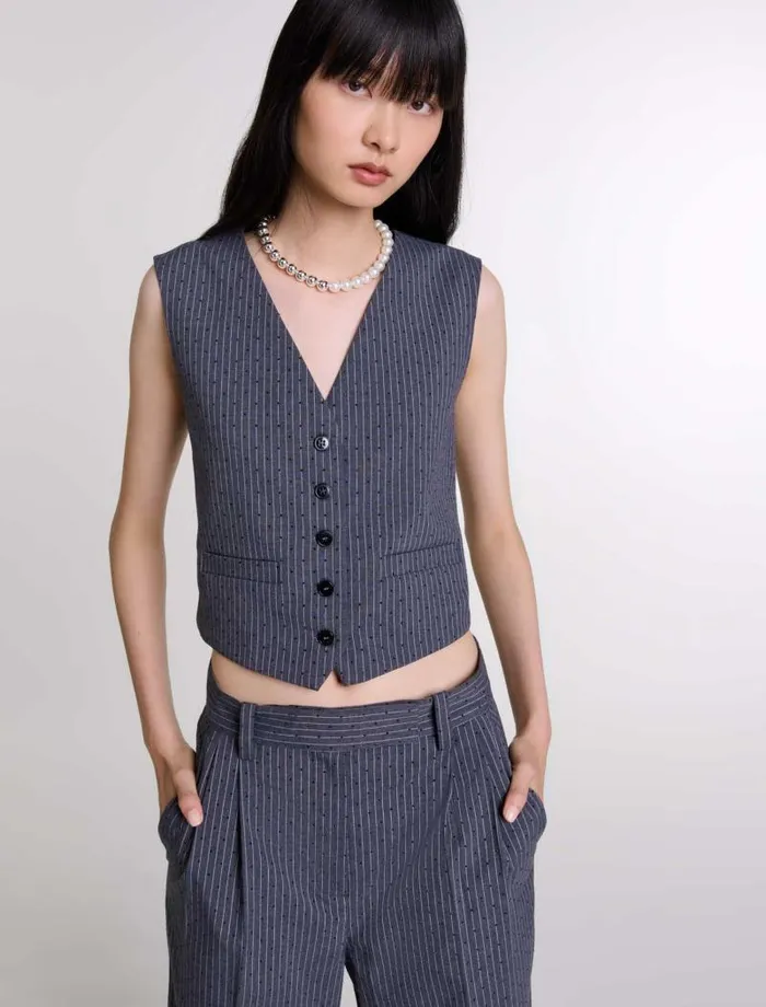 Maje Blazers and Jackets Womens Rhinestone Jacket Gray Striped Tennis Rhinestone