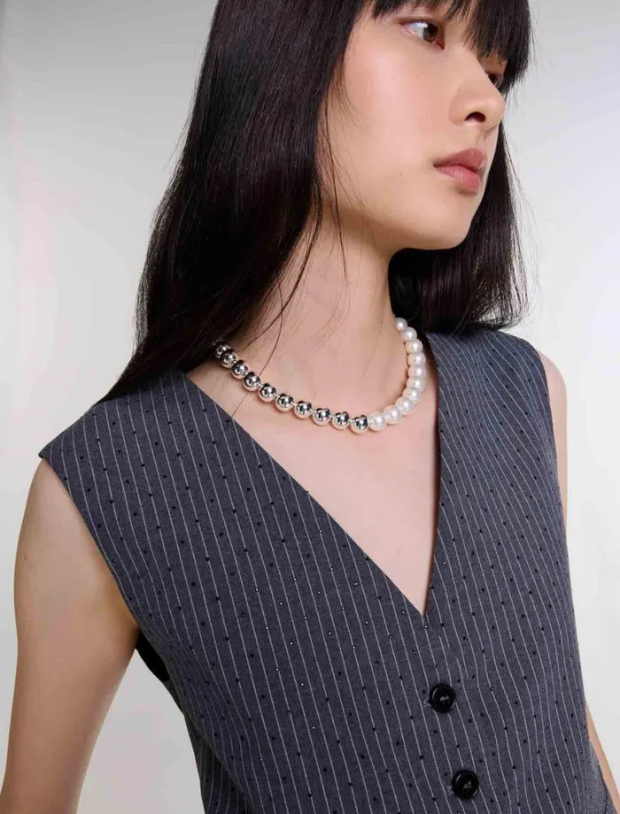 Maje Blazers and Jackets Womens Rhinestone Jacket Gray Striped Tennis Rhinestone