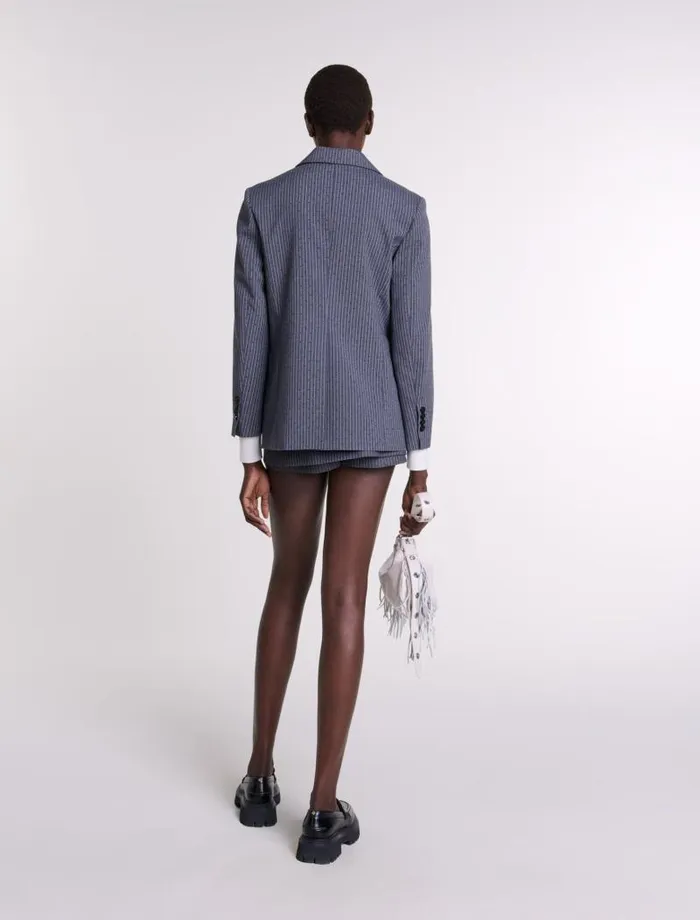 Maje Blazers and Jackets Womens Rhinestone Suit Jacket Gray Striped Tennis Rhinestone
