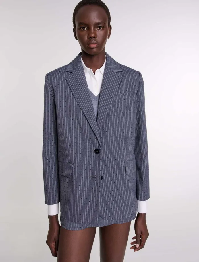 Maje Blazers and Jackets Womens Rhinestone Suit Jacket Gray Striped Tennis Rhinestone