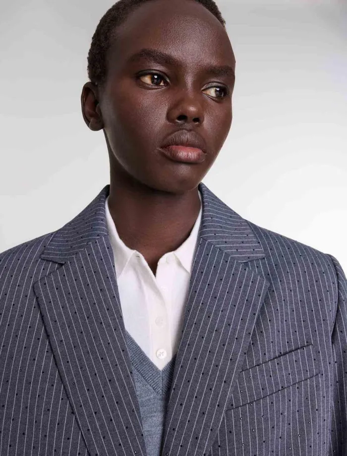 Maje Blazers and Jackets Womens Rhinestone Suit Jacket Gray Striped Tennis Rhinestone