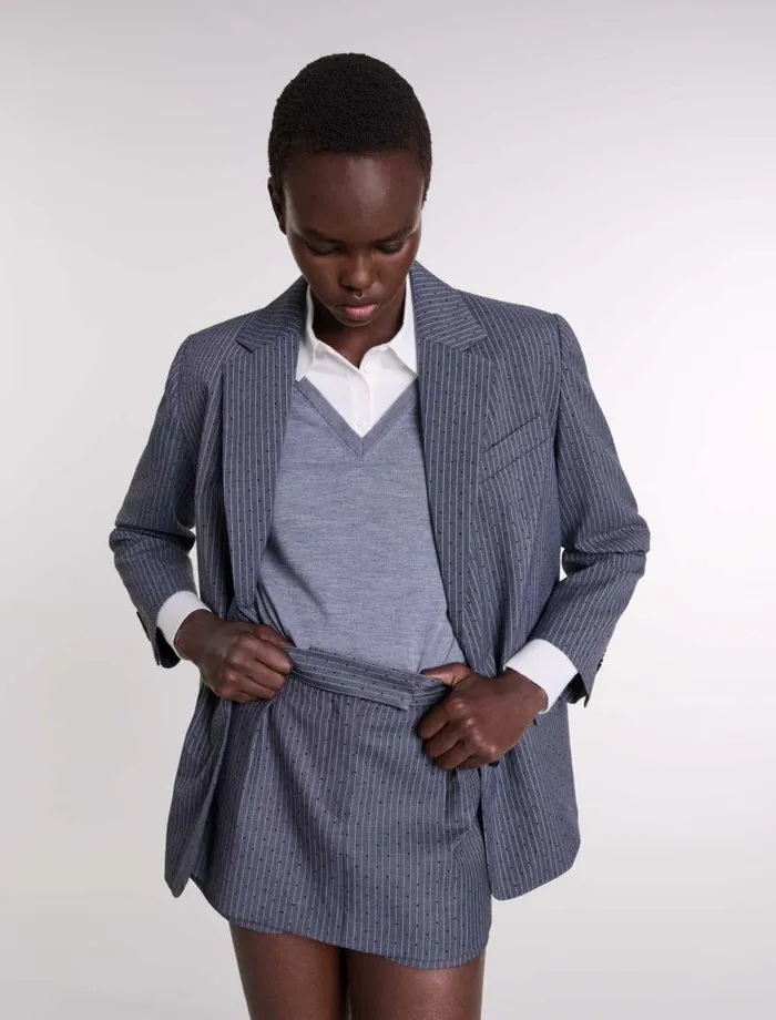 Maje Blazers and Jackets Womens Rhinestone Suit Jacket Gray Striped Tennis Rhinestone