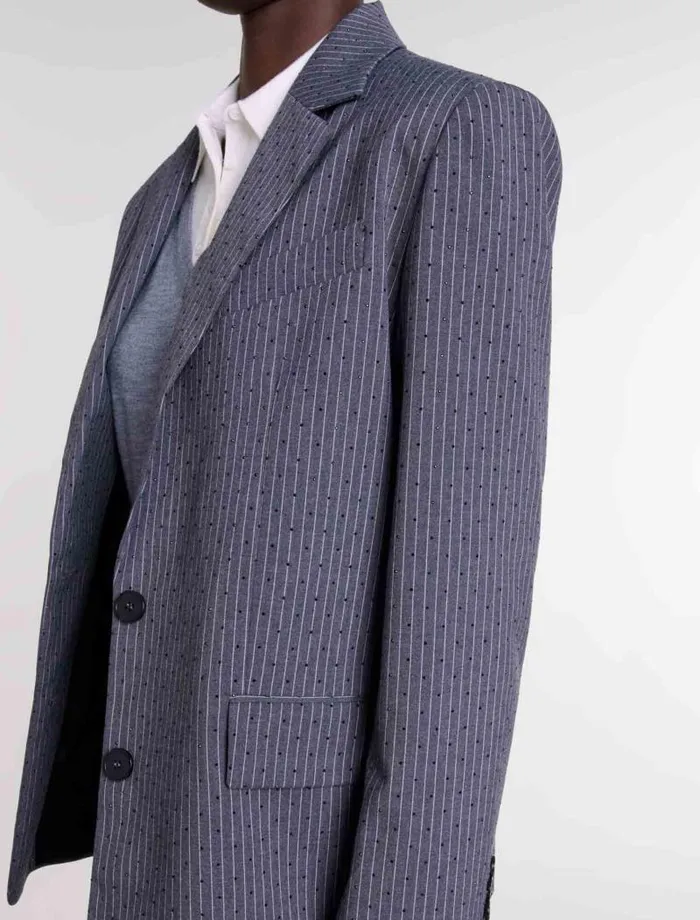 Maje Blazers and Jackets Womens Rhinestone Suit Jacket Gray Striped Tennis Rhinestone