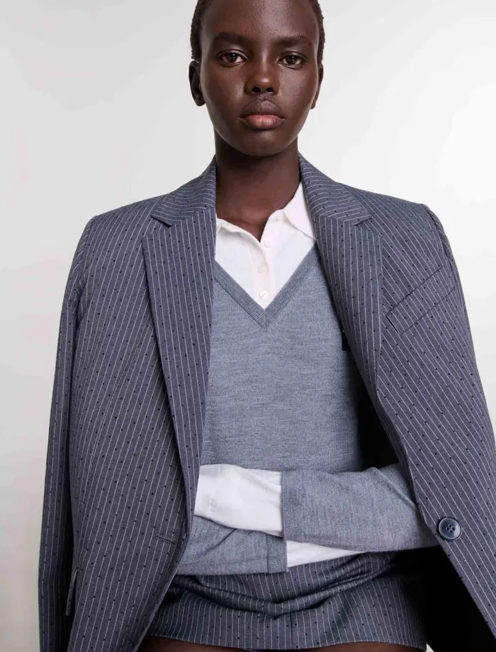 Maje Blazers and Jackets Womens Rhinestone Suit Jacket Gray Striped Tennis Rhinestone