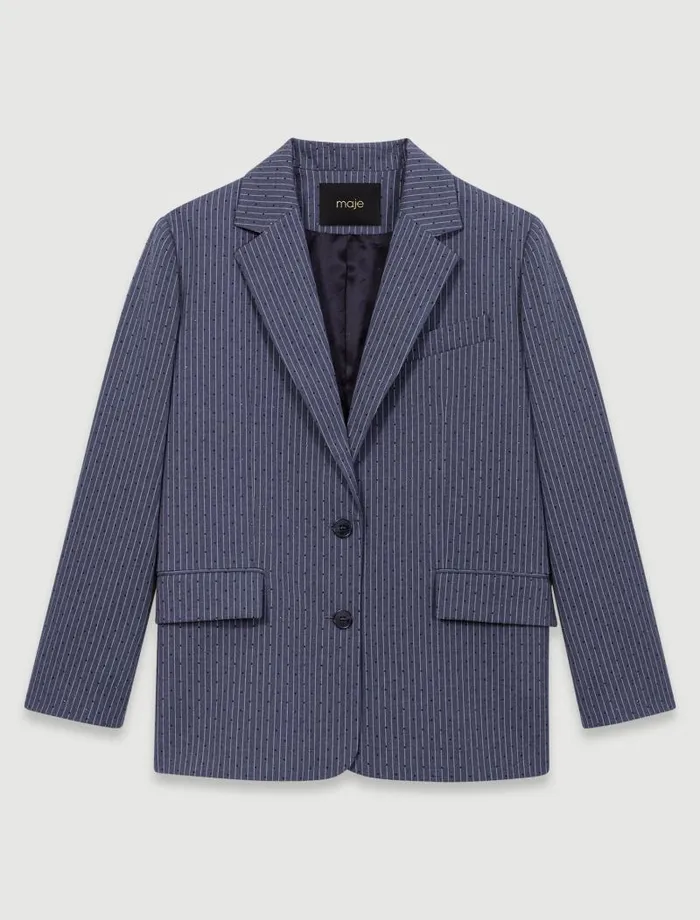 Maje Blazers and Jackets Womens Rhinestone Suit Jacket Gray Striped Tennis Rhinestone