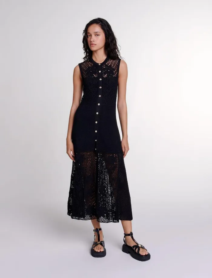 Maje Dresses Womens Crochetknit Maxi Dress Black