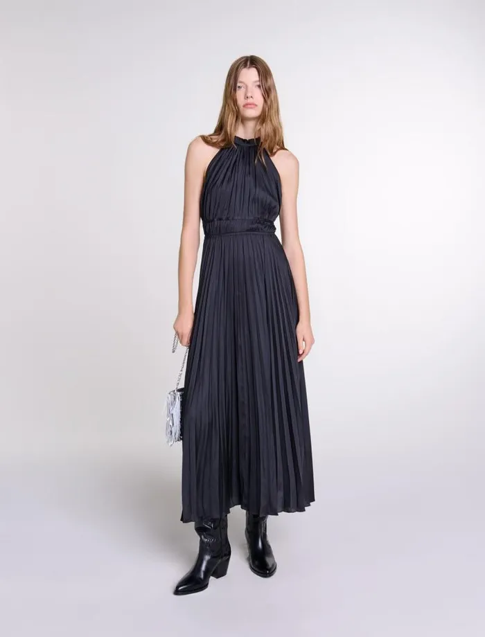 Maje Dresses Womens Pleated Satin Maxi Dress Black