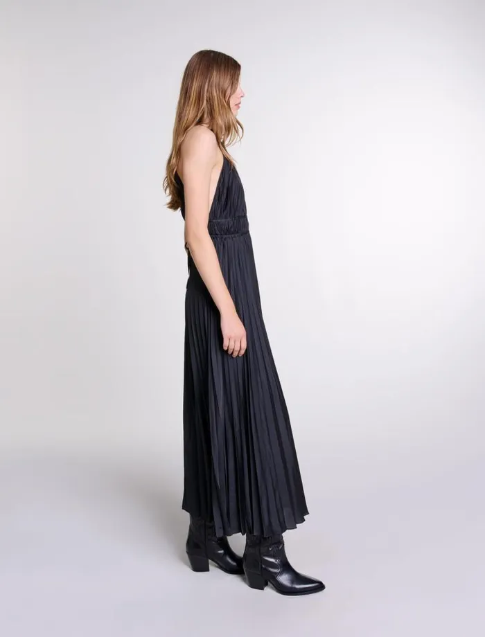 Maje Dresses Womens Pleated Satin Maxi Dress Black