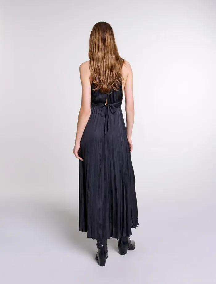 Maje Dresses Womens Pleated Satin Maxi Dress Black