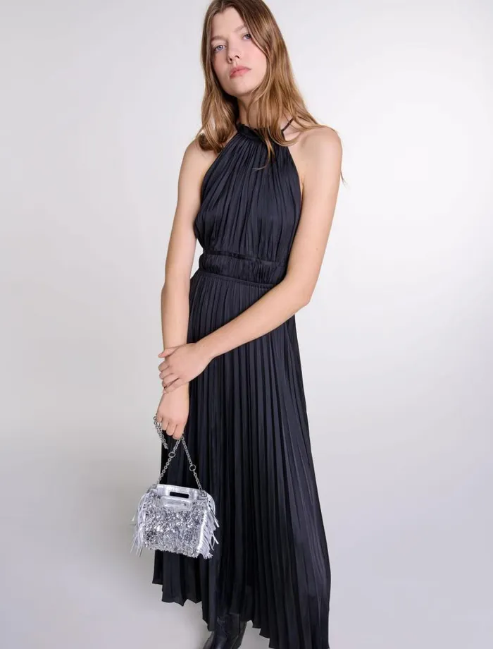 Maje Dresses Womens Pleated Satin Maxi Dress Black