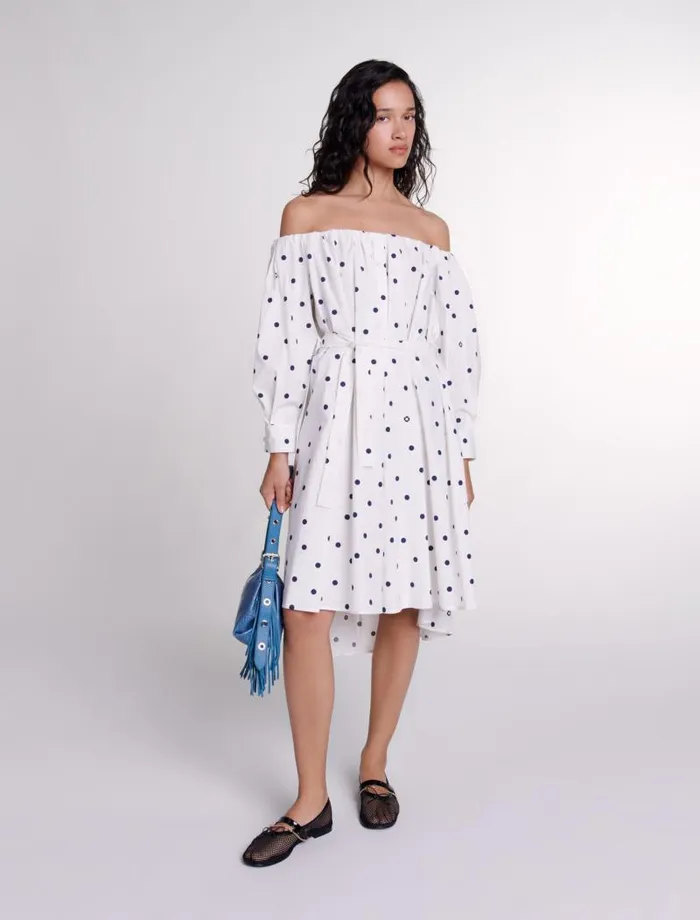 Maje Dresses Womens Shirt Dress With Bardot Neckline Navy Polka Dots
