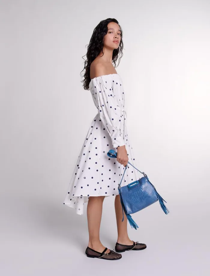 Maje Dresses Womens Shirt Dress With Bardot Neckline Navy Polka Dots