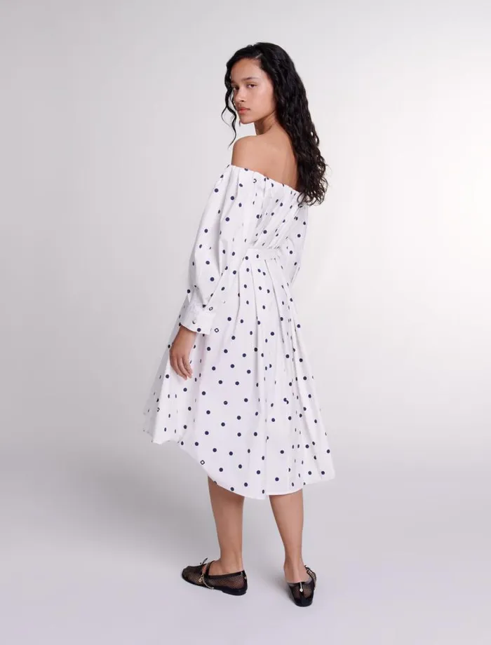Maje Dresses Womens Shirt Dress With Bardot Neckline Navy Polka Dots