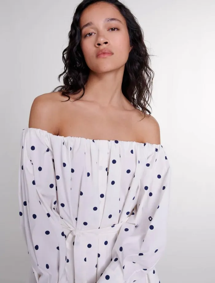 Maje Dresses Womens Shirt Dress With Bardot Neckline Navy Polka Dots