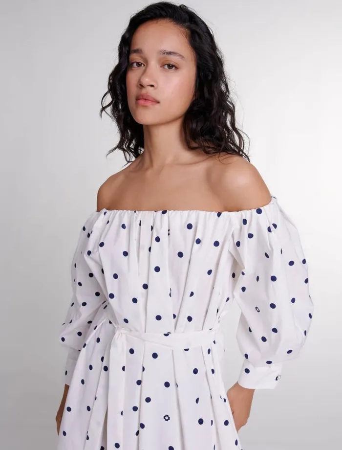 Maje Dresses Womens Shirt Dress With Bardot Neckline Navy Polka Dots