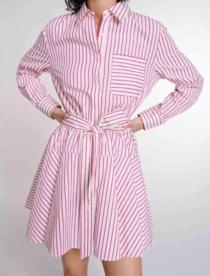 Maje Dresses Womens Striped Rhinestone Short Dress Red Rhinestone Stripe