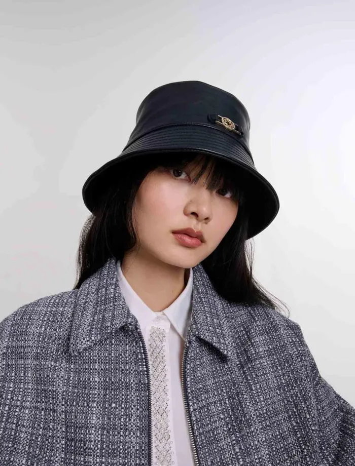 Maje Hats Womens Leather Bucket Hat Black