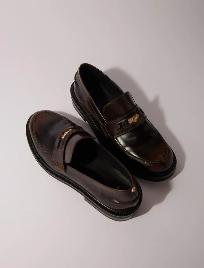 Maje Loafers and Mules Womens Brushed Leather Loafers Dark Brown