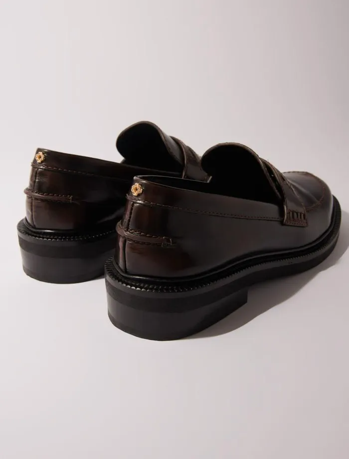 Maje Loafers and Mules Womens Brushed Leather Loafers Dark Brown