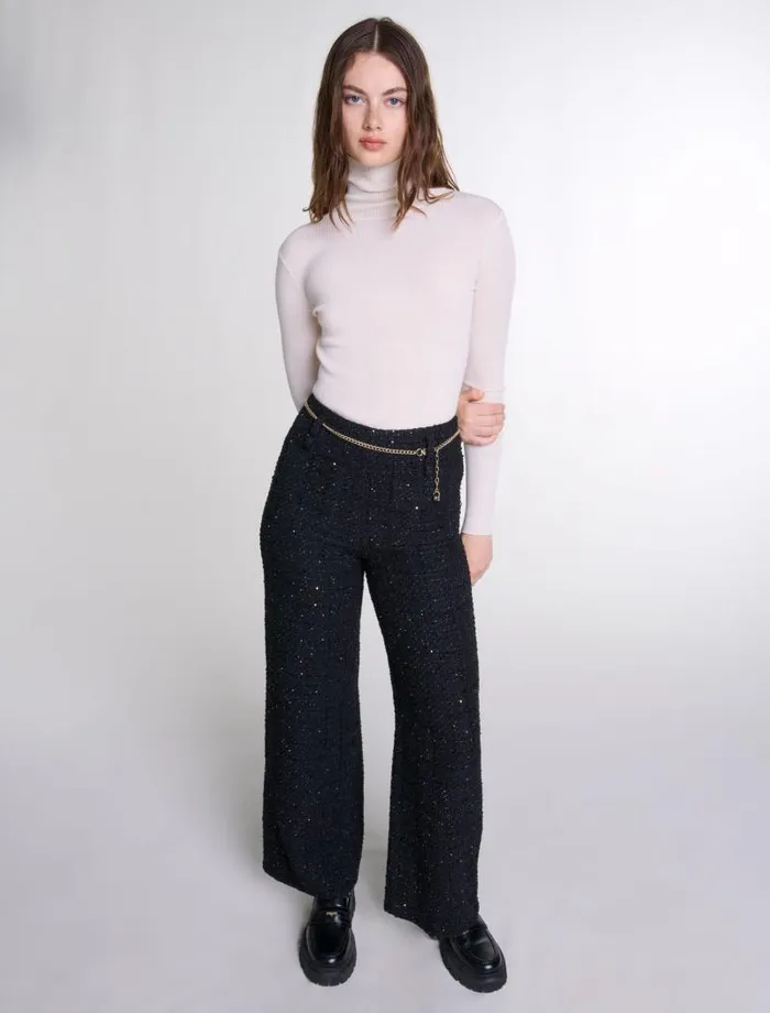 Maje Pants and Jeans Womens Sequinned Tweed Trousers Black