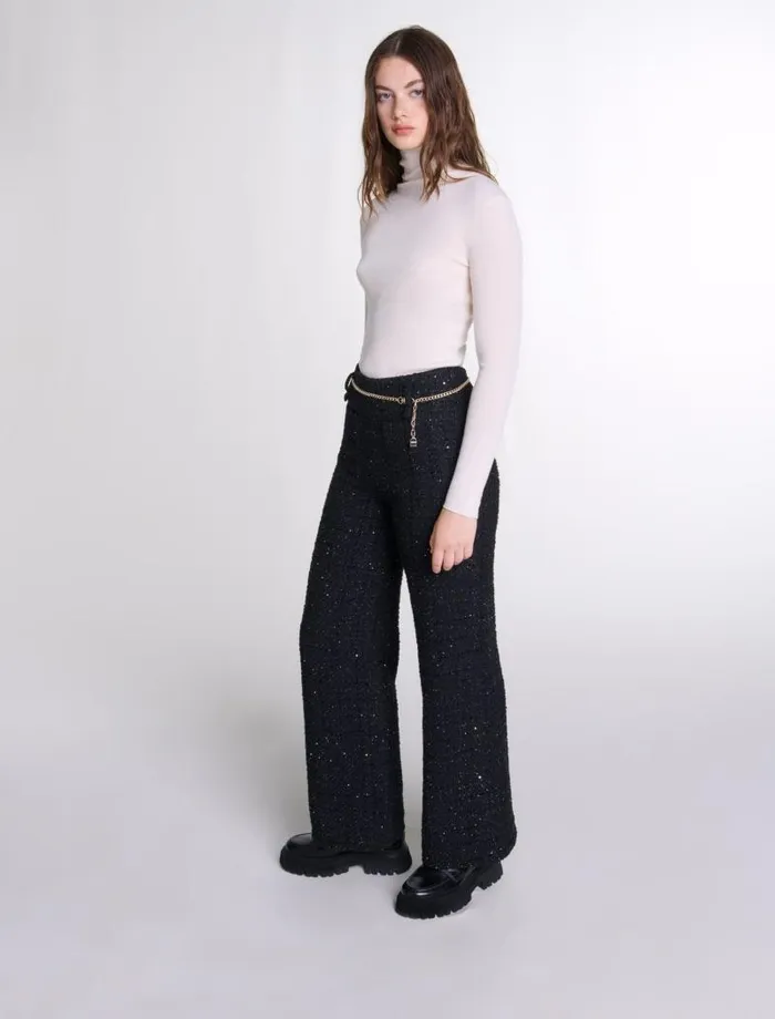 Maje Pants and Jeans Womens Sequinned Tweed Trousers Black