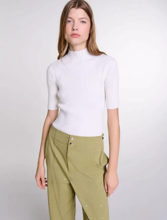 Maje Sweaters and Cardigans Womens Cotton And Silk Ribbed Top Ecru